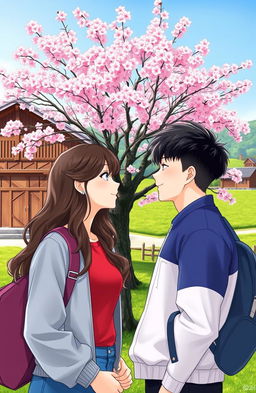 A scene depicting an American girl and a Korean boy gazing at each other lovingly, set against the backdrop of a picturesque Korean farm