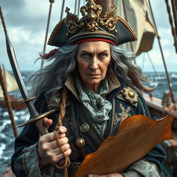 An imposing old female pirate queen adorned with a magnificent crown sitting atop her wavy gray hair
