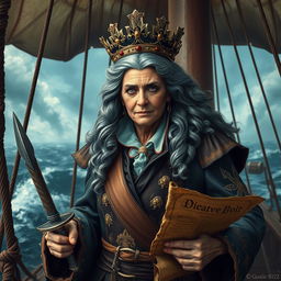 An imposing old female pirate queen adorned with a magnificent crown sitting atop her wavy gray hair