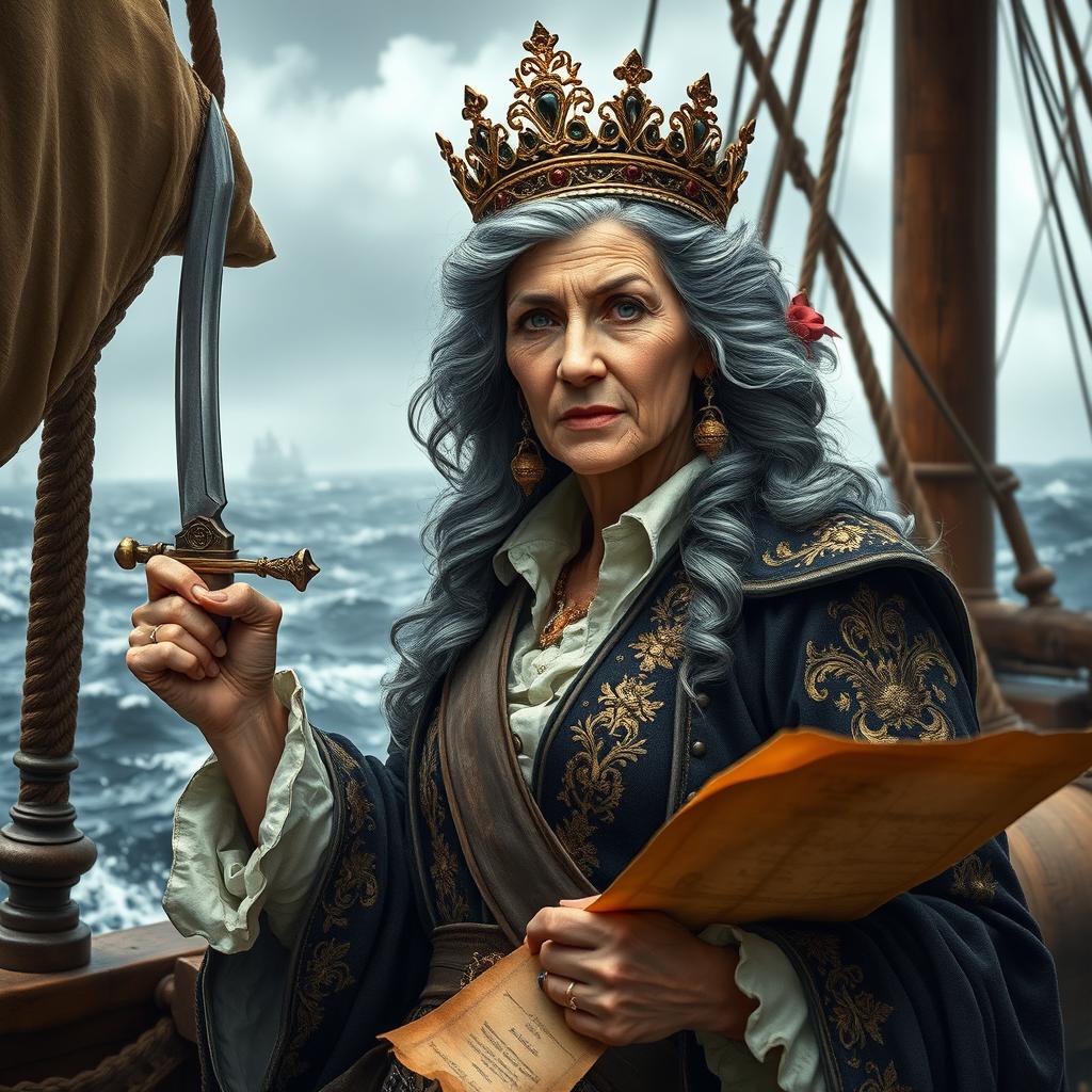 An imposing old female pirate queen adorned with a magnificent crown sitting atop her wavy gray hair