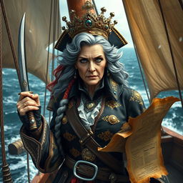 An imposing old female pirate queen adorned with a magnificent crown sitting atop her wavy gray hair