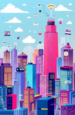 An informative and engaging illustration depicting various aspects of computer networking