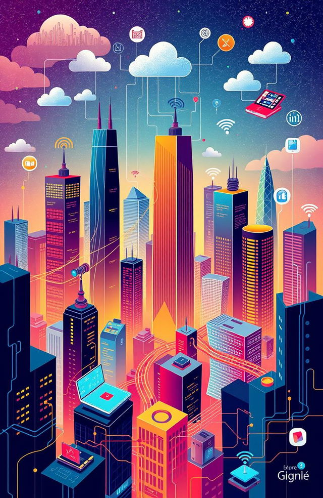 An informative and engaging illustration depicting various aspects of computer networking