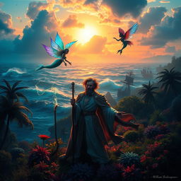 A fantastical scene inspired by William Shakespeare's 'The Tempest', featuring a mystical island with vibrant colors and lush vegetation