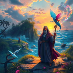 A fantastical scene inspired by William Shakespeare's 'The Tempest', featuring a mystical island with vibrant colors and lush vegetation