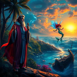 A fantastical scene inspired by William Shakespeare's 'The Tempest', featuring a mystical island with vibrant colors and lush vegetation
