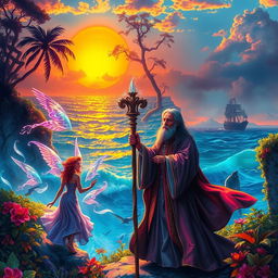 A fantastical scene inspired by William Shakespeare's 'The Tempest', featuring a mystical island with vibrant colors and lush vegetation