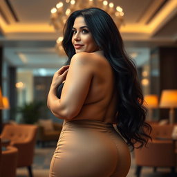 A voluptuous mature woman, characterized by her ample bosom and long, flowing black hair