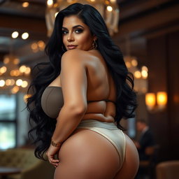 A voluptuous mature woman, characterized by her ample bosom and long, flowing black hair