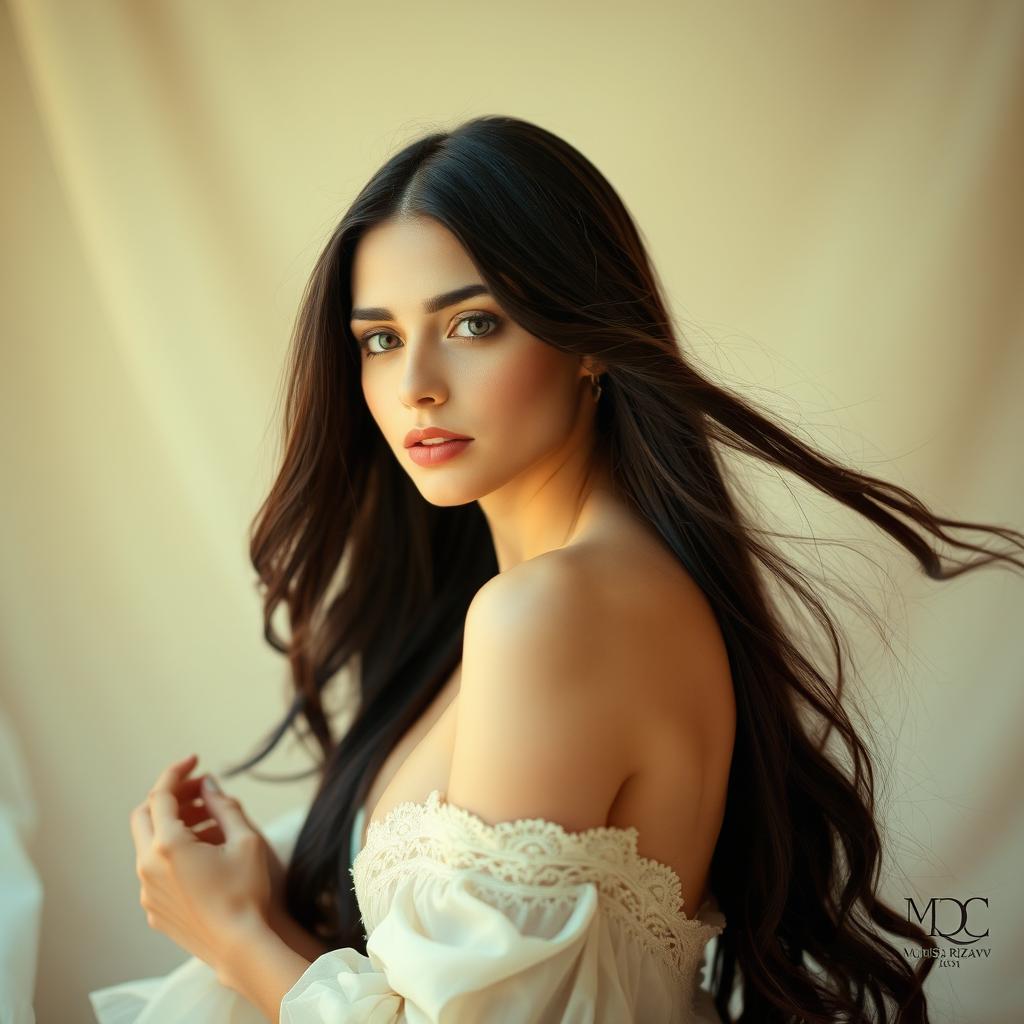 A tasteful artistic representation of a beautiful woman inspired by Munisa Rizayeva, celebrating femininity and elegance