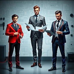 A dynamic presentation of three fragrances personified as electrical engineers in stylish suits