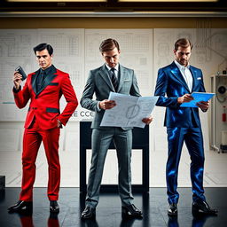 A dynamic presentation of three fragrances personified as electrical engineers in stylish suits