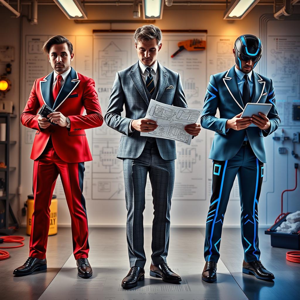 A dynamic presentation of three fragrances personified as electrical engineers in stylish suits