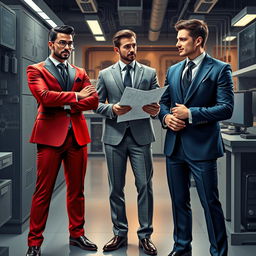 A stylish depiction of three fragrances personified as electrical engineers in elegant suits