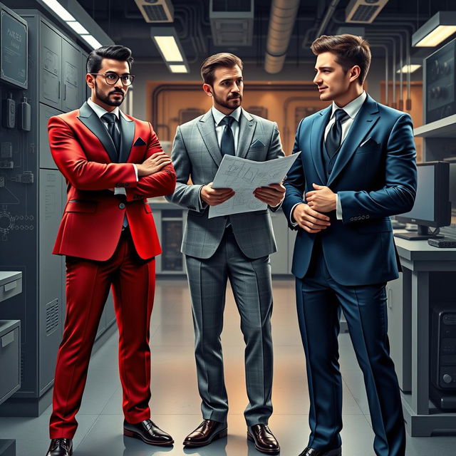 A stylish depiction of three fragrances personified as electrical engineers in elegant suits