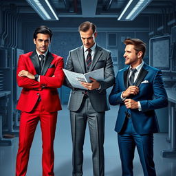 A stylish depiction of three fragrances personified as electrical engineers in elegant suits