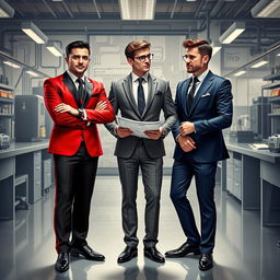 A stylish depiction of three fragrances personified as electrical engineers in elegant suits