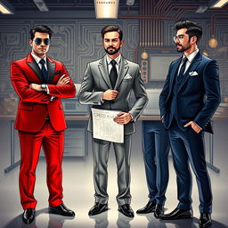 A stylish depiction of three fragrances personified as electrical engineers in elegant suits