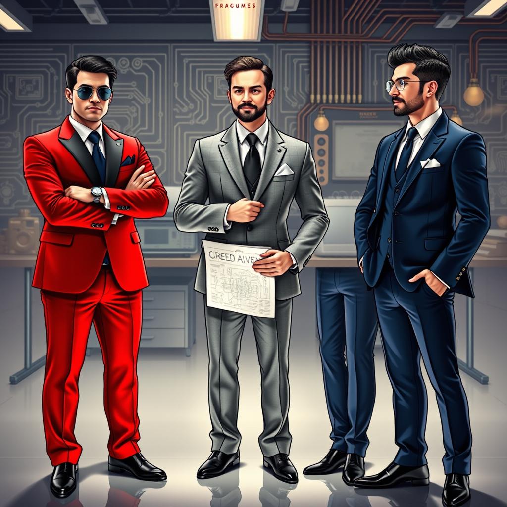 A stylish depiction of three fragrances personified as electrical engineers in elegant suits