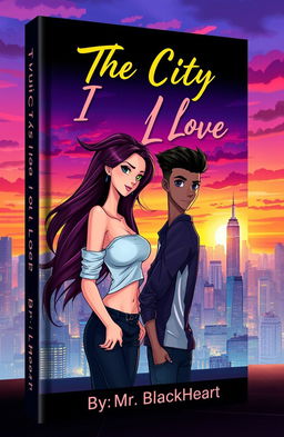 A visually stunning book cover featuring an animated, stylishly drawn woman and man, set against the backdrop of a vibrant city skyline at sunset