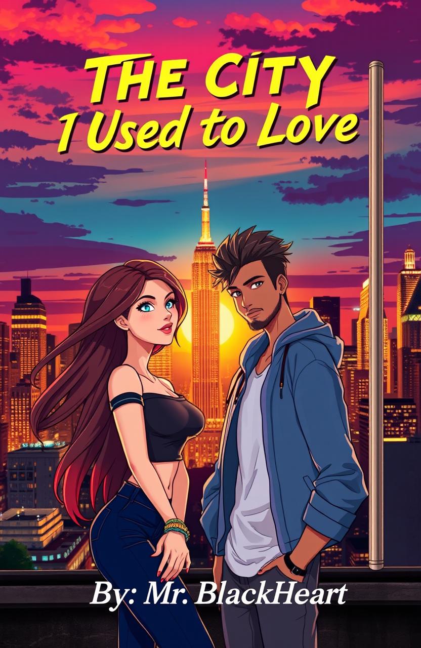 A visually stunning book cover featuring an animated, stylishly drawn woman and man, set against the backdrop of a vibrant city skyline at sunset