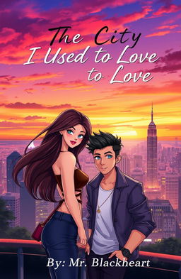 A visually stunning book cover featuring an animated, stylishly drawn woman and man, set against the backdrop of a vibrant city skyline at sunset