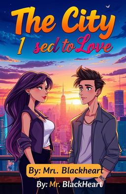 A visually stunning book cover featuring an animated, stylishly drawn woman and man, set against the backdrop of a vibrant city skyline at sunset