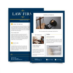 A professional and elegant newsletter template design for a law firm, featuring a clean layout with a sophisticated color palette of deep blue and gold accents