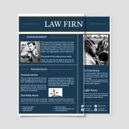 A professional and elegant newsletter template design for a law firm, featuring a clean layout with a sophisticated color palette of deep blue and gold accents
