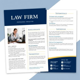 A professional and elegant newsletter template design for a law firm, featuring a clean layout with a sophisticated color palette of deep blue and gold accents