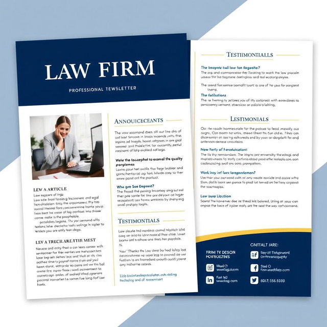 A professional and elegant newsletter template design for a law firm, featuring a clean layout with a sophisticated color palette of deep blue and gold accents