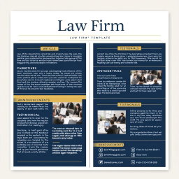A professional and elegant newsletter template design for a law firm, featuring a clean layout with a sophisticated color palette of deep blue and gold accents