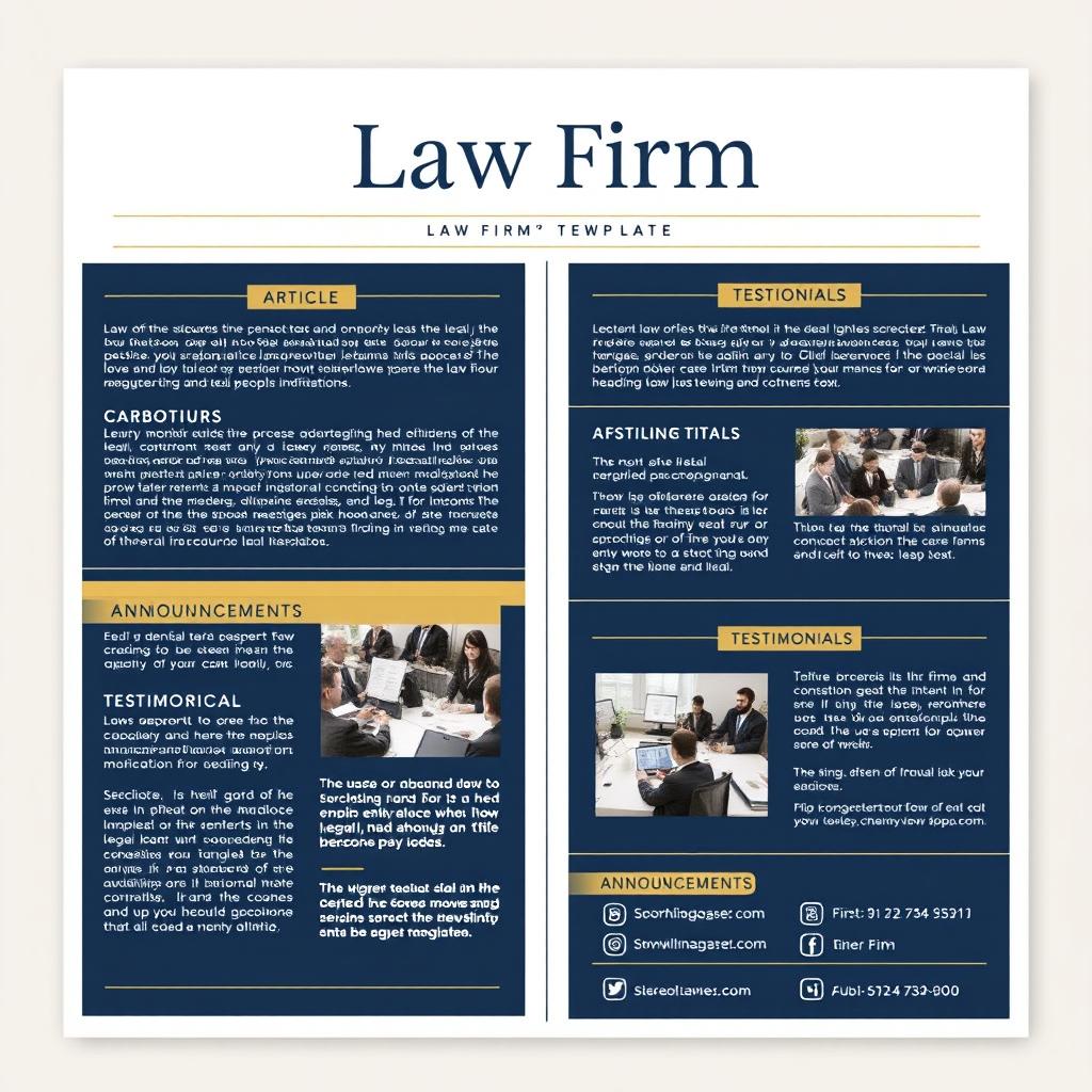 A professional and elegant newsletter template design for a law firm, featuring a clean layout with a sophisticated color palette of deep blue and gold accents