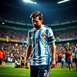 A poignant scene depicting Lionel Messi walking off a soccer field with tears in his eyes after a World Cup or Copa America final