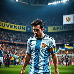 A poignant scene depicting Lionel Messi walking off a soccer field with tears in his eyes after a World Cup or Copa America final