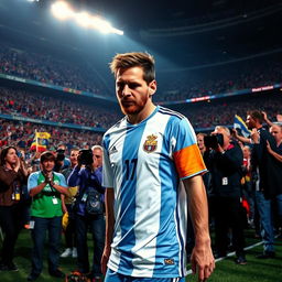 A poignant scene depicting Lionel Messi walking off a soccer field with tears in his eyes after a World Cup or Copa America final
