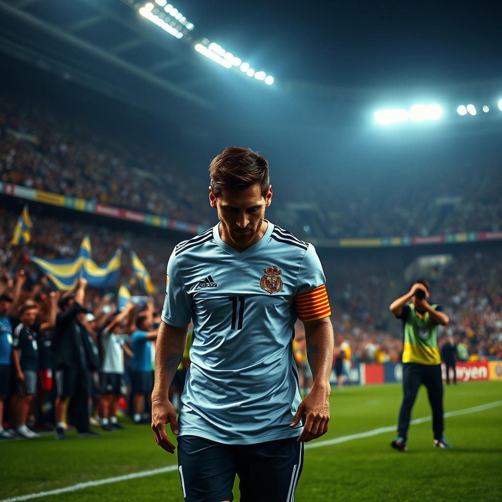 A poignant scene depicting Lionel Messi walking off a soccer field with tears in his eyes after a World Cup or Copa America final