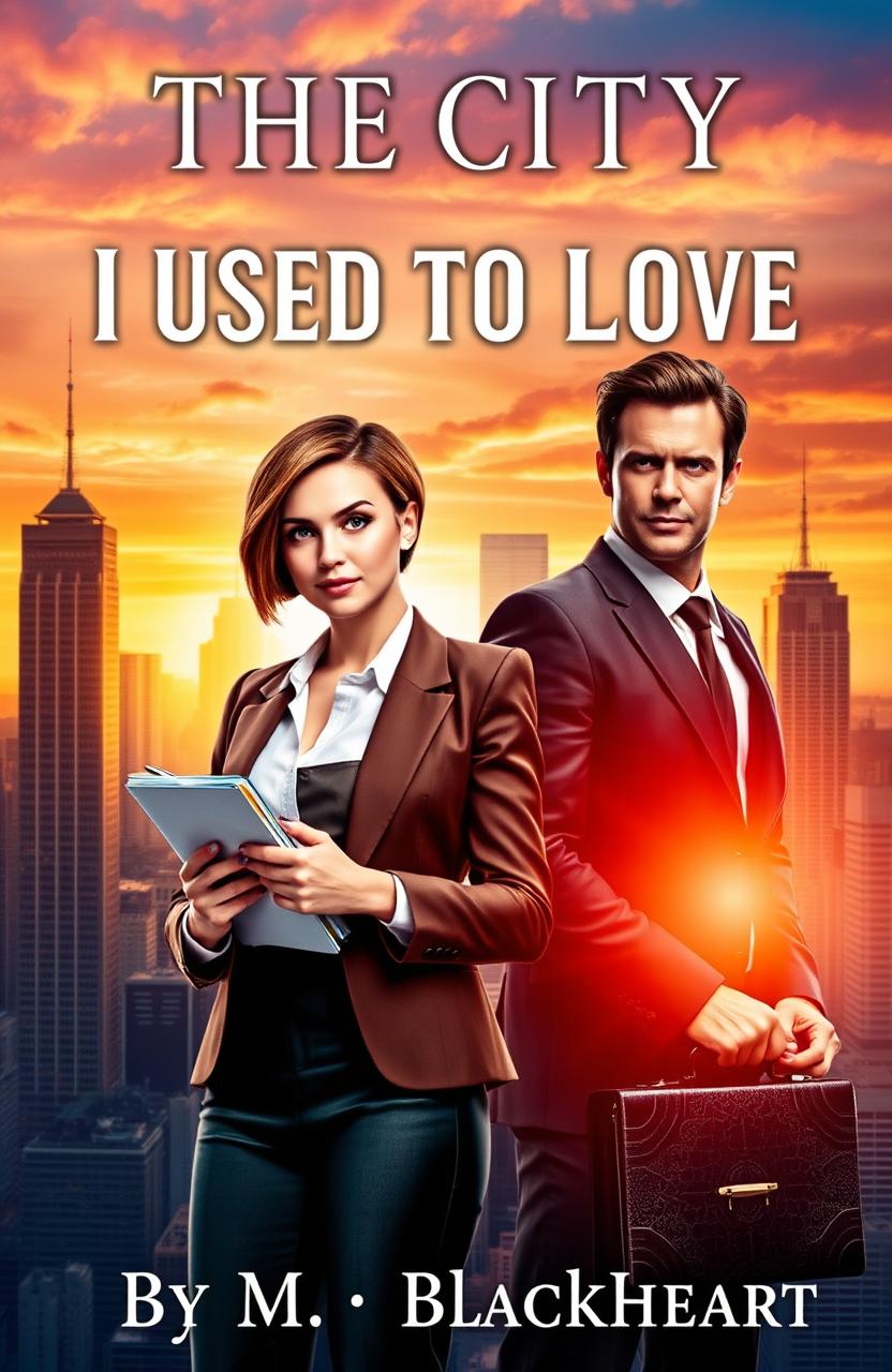 A captivating book cover featuring a strong female journalist with short, sleek hair, wearing a chic blazer and holding a notebook and pen, standing confidently in the bustling cityscape behind her