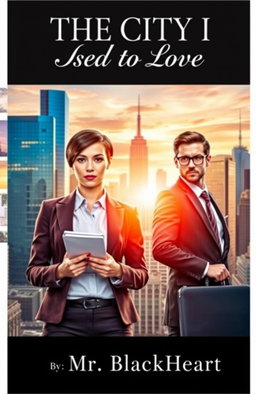 A captivating book cover featuring a strong female journalist with short, sleek hair, wearing a chic blazer and holding a notebook and pen, standing confidently in the bustling cityscape behind her