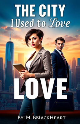 A captivating book cover featuring a strong female journalist with short, sleek hair, wearing a chic blazer and holding a notebook and pen, standing confidently in the bustling cityscape behind her