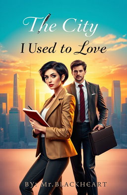A captivating book cover featuring a strong female journalist with short, sleek hair, wearing a chic blazer and holding a notebook and pen, standing confidently in the bustling cityscape behind her
