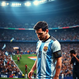 A dramatic portrayal of Lionel Messi walking off the soccer field after a Copa America or World Cup final, with tears in his eyes, reflecting the emotional weight of Argentina's journey in these tournaments