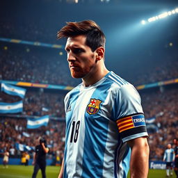 A dramatic portrayal of Lionel Messi walking off the soccer field after a Copa America or World Cup final, with tears in his eyes, reflecting the emotional weight of Argentina's journey in these tournaments