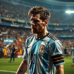 A dramatic portrayal of Lionel Messi walking off the soccer field after a Copa America or World Cup final, with tears in his eyes, reflecting the emotional weight of Argentina's journey in these tournaments