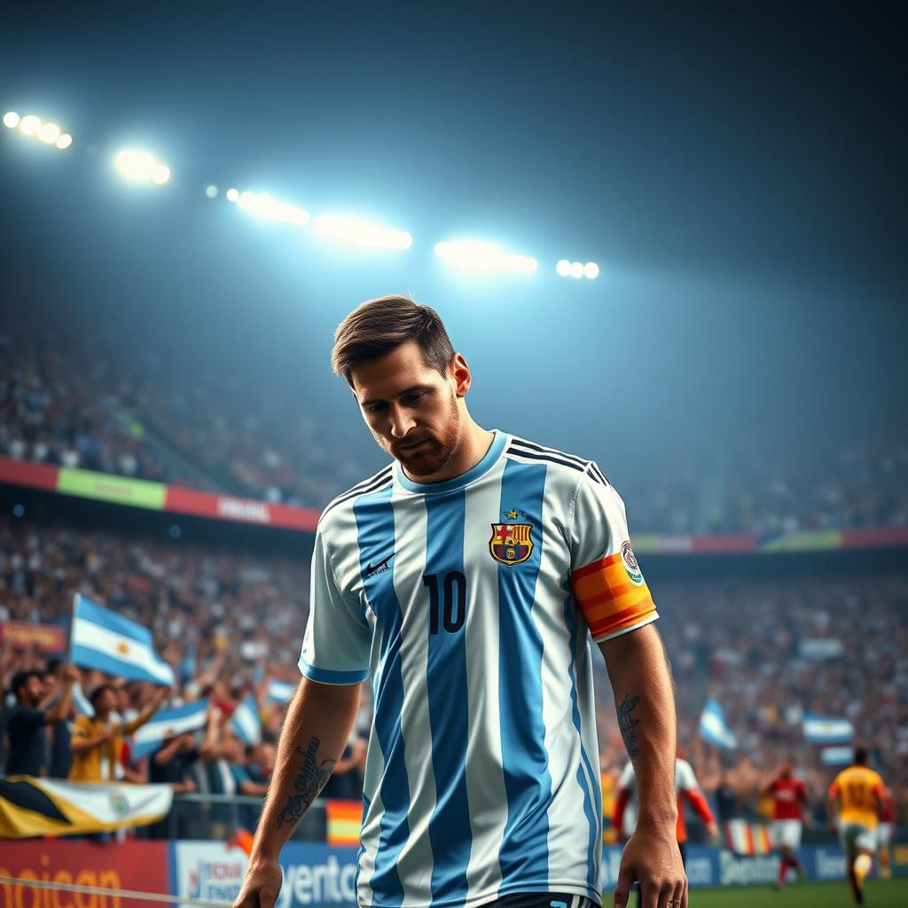 A dramatic portrayal of Lionel Messi walking off the soccer field after a Copa America or World Cup final, with tears in his eyes, reflecting the emotional weight of Argentina's journey in these tournaments