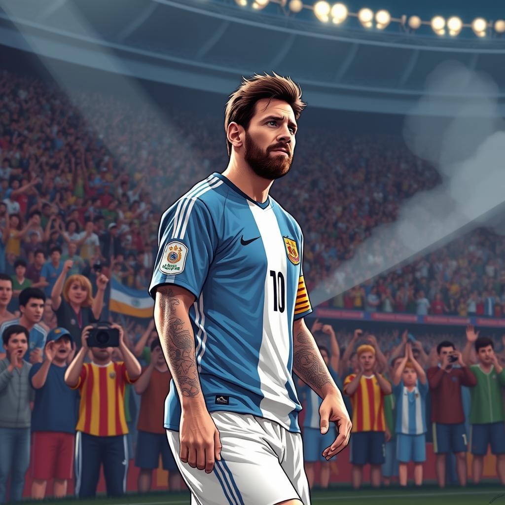 An emotional illustration of Lionel Messi leaving the soccer field after a World Cup or Copa America final, tears in his eyes, symbolizing the intensity of Argentina's journey in these prestigious tournaments