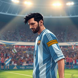 An emotional illustration of Lionel Messi leaving the soccer field after a World Cup or Copa America final, tears in his eyes, symbolizing the intensity of Argentina's journey in these prestigious tournaments