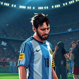 An emotional illustration of Lionel Messi leaving the soccer field after a World Cup or Copa America final, tears in his eyes, symbolizing the intensity of Argentina's journey in these prestigious tournaments