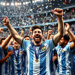 An inspiring image of Lionel Messi celebrating triumphantly after winning the Copa America in 2021 with the Argentine national team