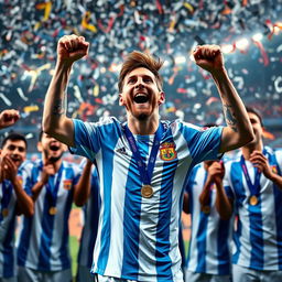An inspiring image of Lionel Messi celebrating triumphantly after winning the Copa America in 2021 with the Argentine national team